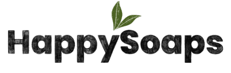 Happy Soaps-Logo auf einem eleganten schwarzen Hintergrund.