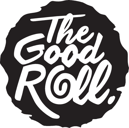 Het Good Roll-logo op een zwarte achtergrond met btw-registratie.