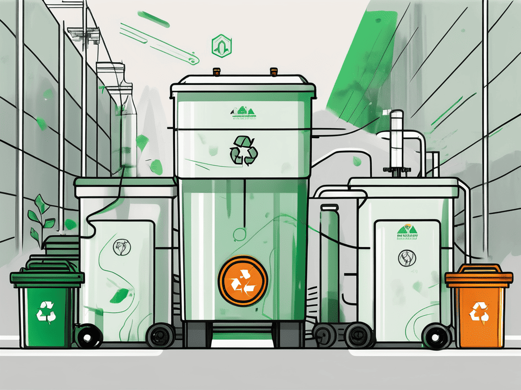 An illustration of a green recycling bin in a city.
