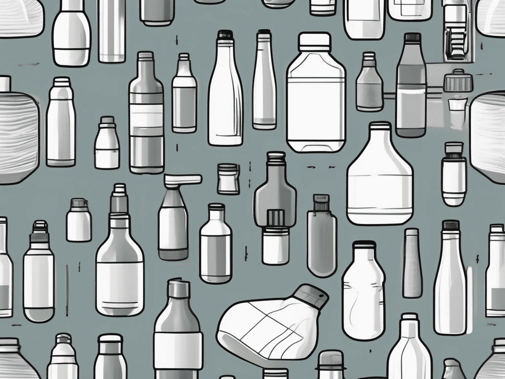 Nahtloses Muster aus Plastikflaschen auf grauem Hintergrund.