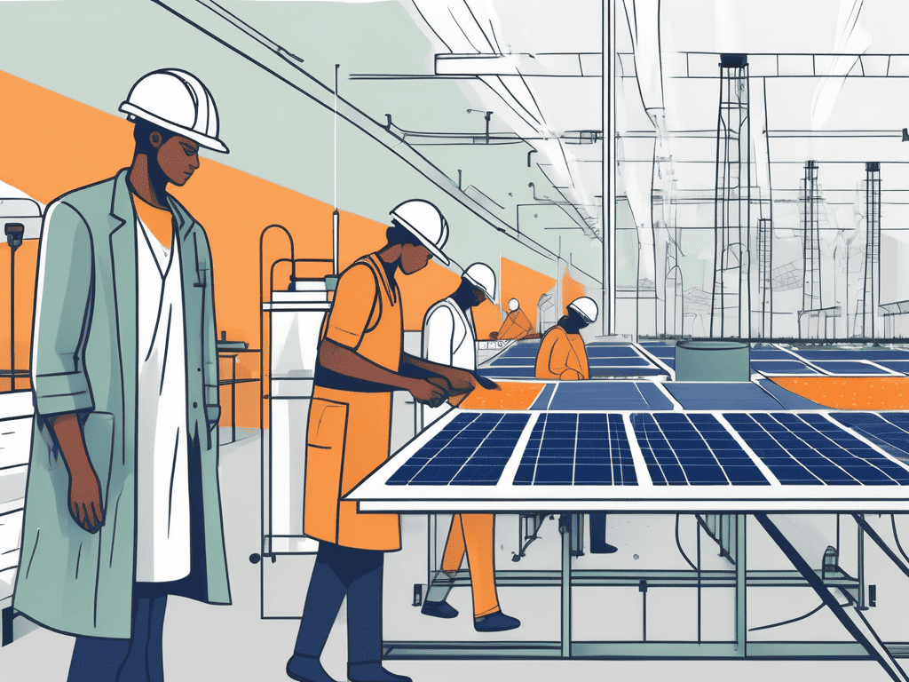 Illustration von Menschen, die in einer Fabrik mit Sonnenkollektoren arbeiten, wobei der Schwerpunkt auf der Nutzung erneuerbarer Energiequellen liegt.