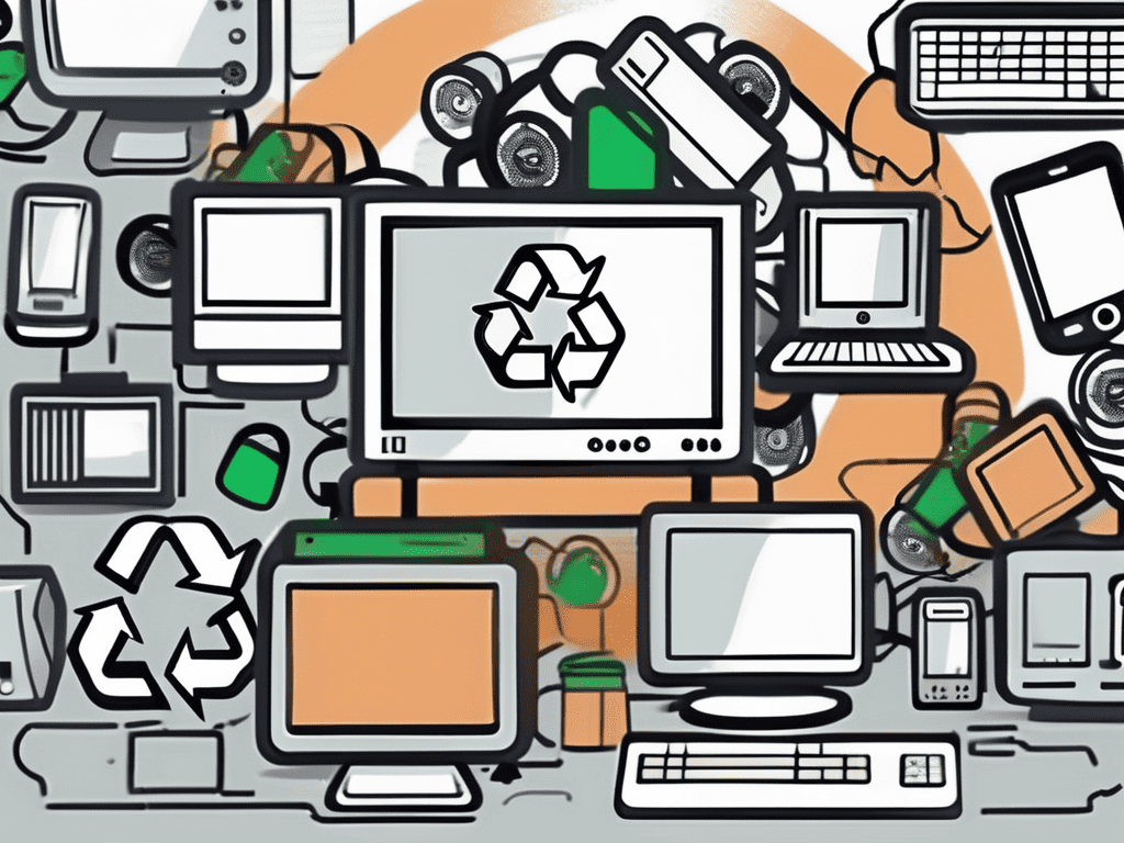 A computer and other electronic devices surrounded by recycling symbols