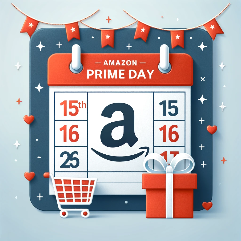 A promotional graphic for amazon prime day, featuring a stylized calendar marked with the event dates, accompanied by festive decorations, a shopping basket, and a gift box.