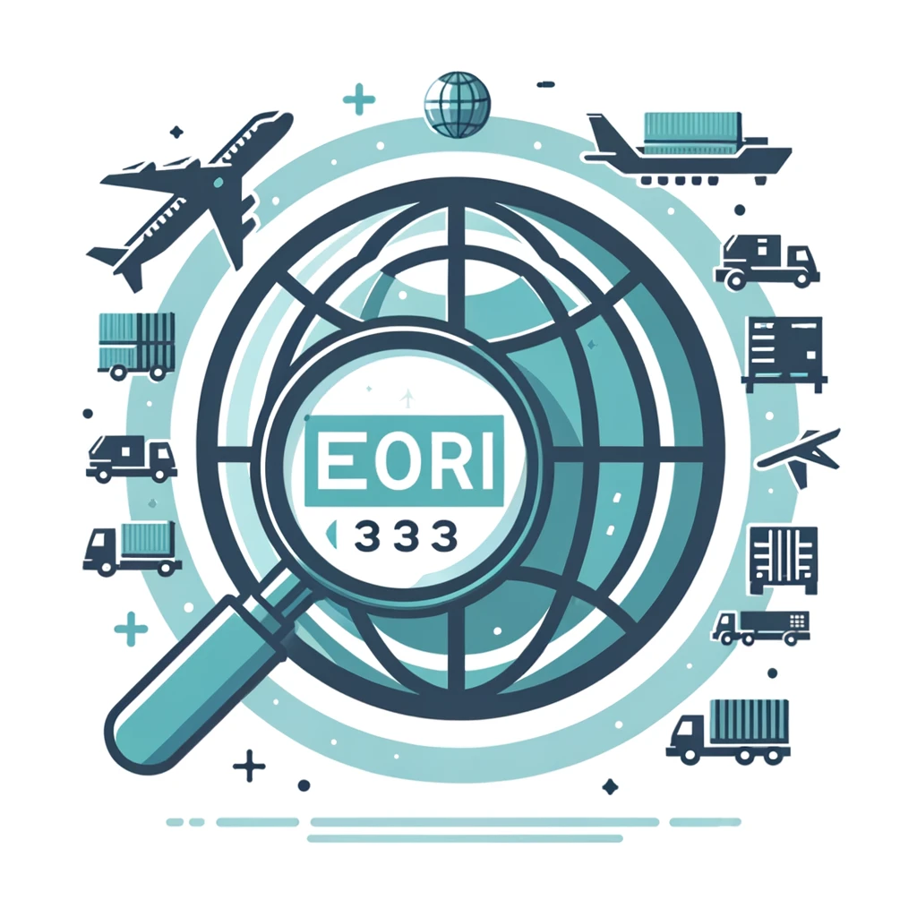Illustration of global logistics and trade featuring a magnifying glass over an eori number, surrounded by transport icons such as a plane, ship, truck, and train.
